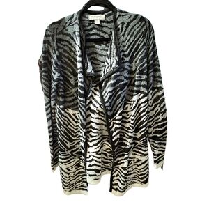 Laura Ashley Long Open Front Cardigan Sweater Petite Medium Metallic Threads